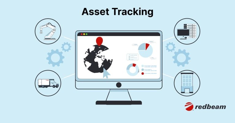 An image of a computer screen with asset tracking software, showing a map with tagged assets.